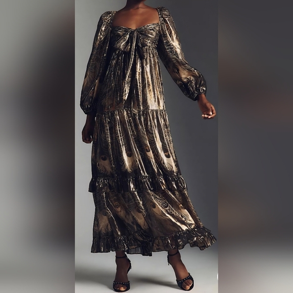 Anthropologie Dresses & Skirts - By Anthropologie Long-Sleeve Metallic Babydoll Midi Dress,XXS,XS &S, Gold&Black